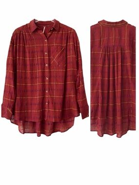 Free People | Red Plaid Oversized Button Up Shirt Boho